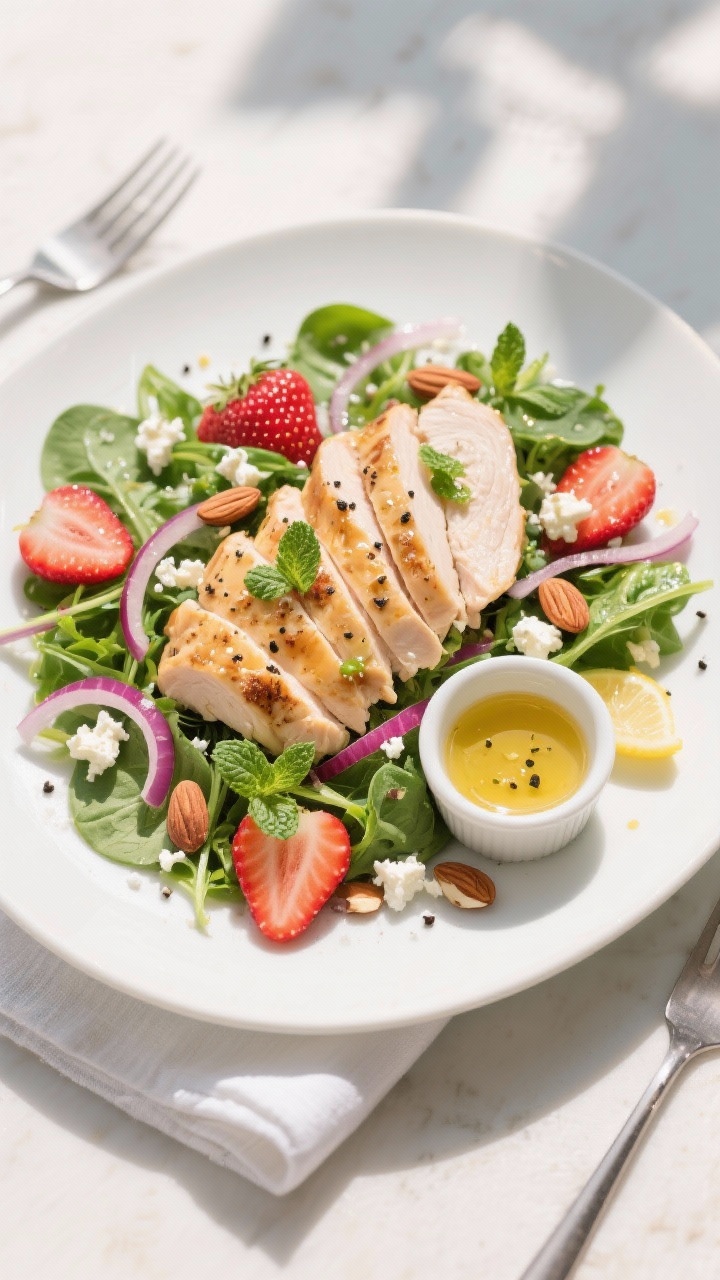 Final plated overhead: High-Protein Strawberry Chicken Spring Salad arranged on a wide white ceramic