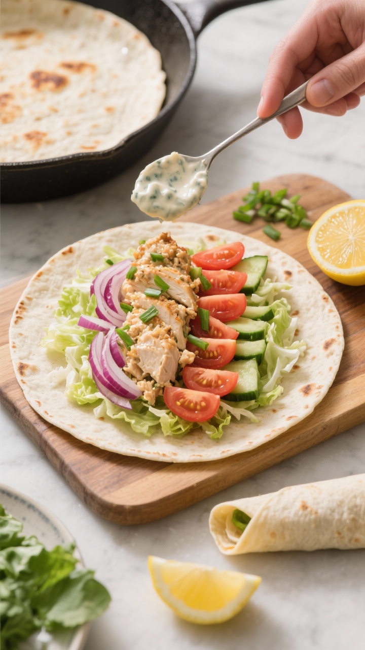 Overhead cooking-process shot: Assembly scene of a warmed high-protein tortilla on a board with the 