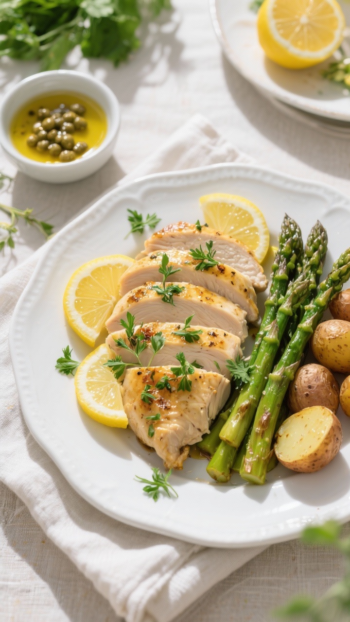Overhead final presentation: beautifully plated High-Protein Lemon Herb Chicken on a white ceramic p
