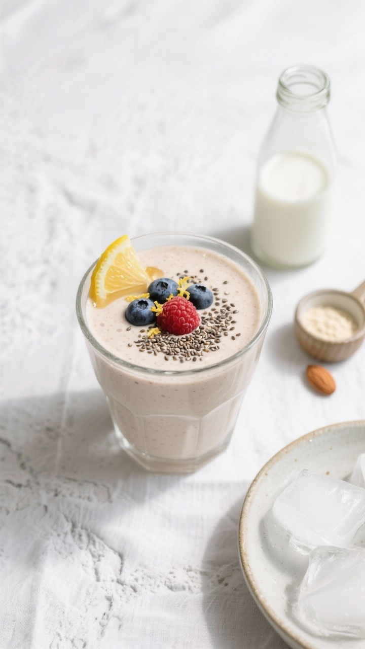 Overhead final presentation: beautifully plated low-cal protein smoothie in a wide-mouth glass toppe