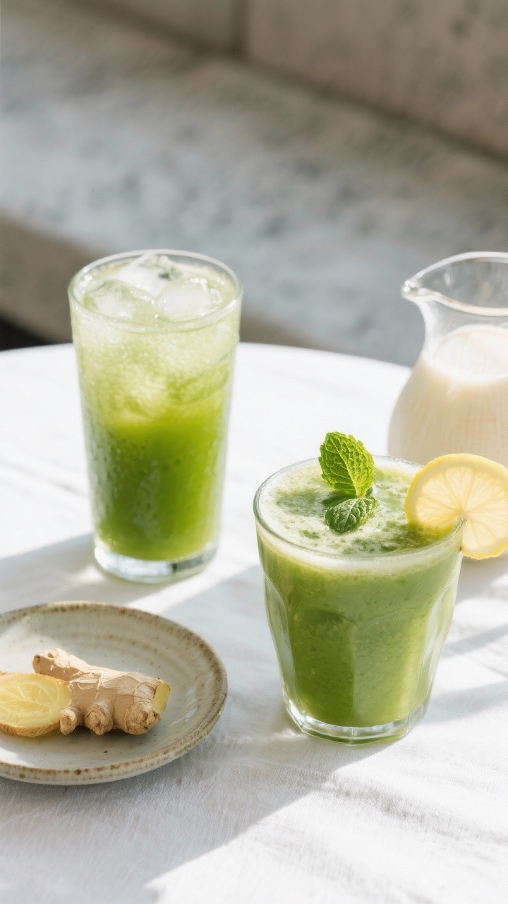 Overhead final presentation of the green juice served two ways: one tall glass strained and ultra-cl