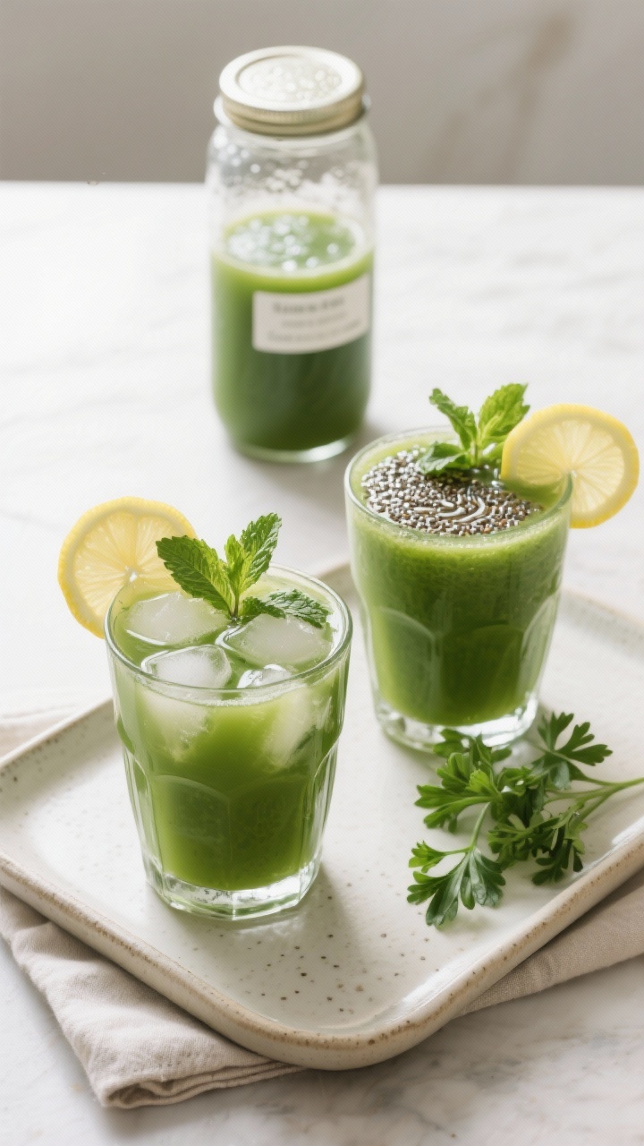 Overhead final presentation shot of two glasses of the green juice served over a few ice cubes, garn
