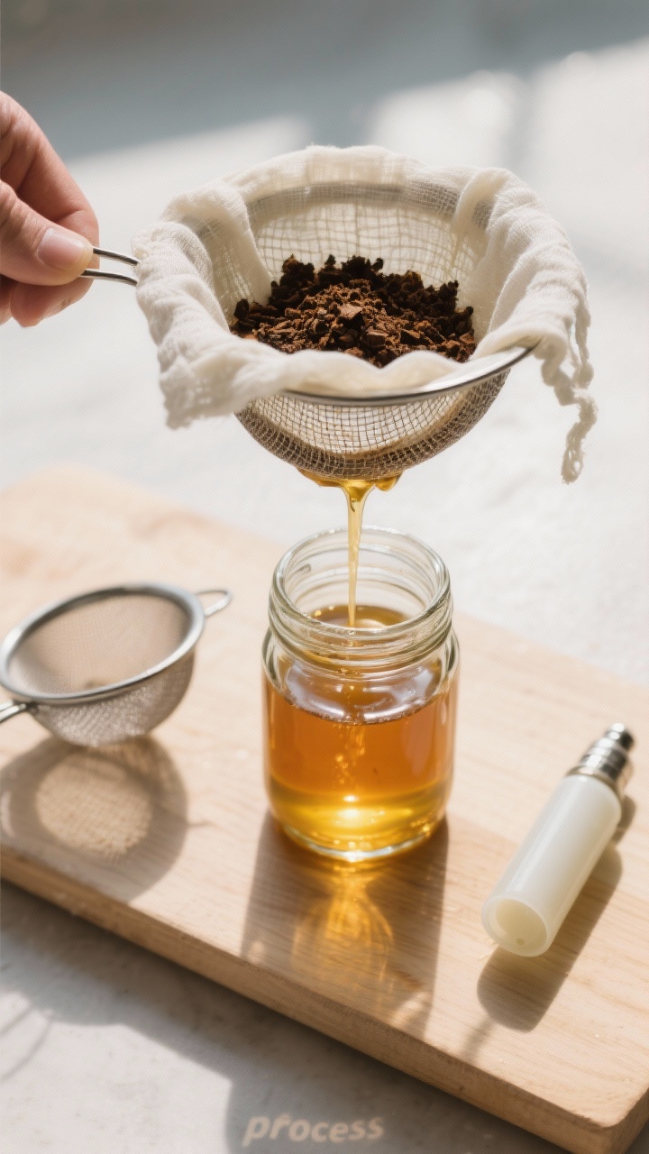 Overhead “process” shot showing the straining step: warm, liquid coconut-coffee infusion being p
