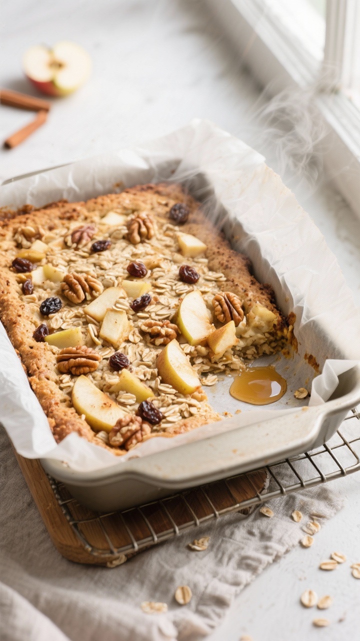 Overhead shot of a freshly baked high-protein apple cinnamon oat bake in an 8x8 pan, edges lightly g