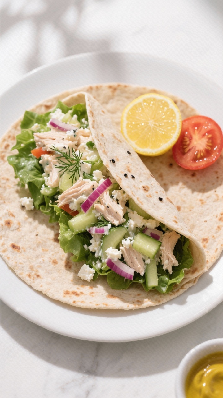 Overhead shot of a just-assembled Greek Yogurt Chicken Salad Wrap on a matte white plate: whole-whea