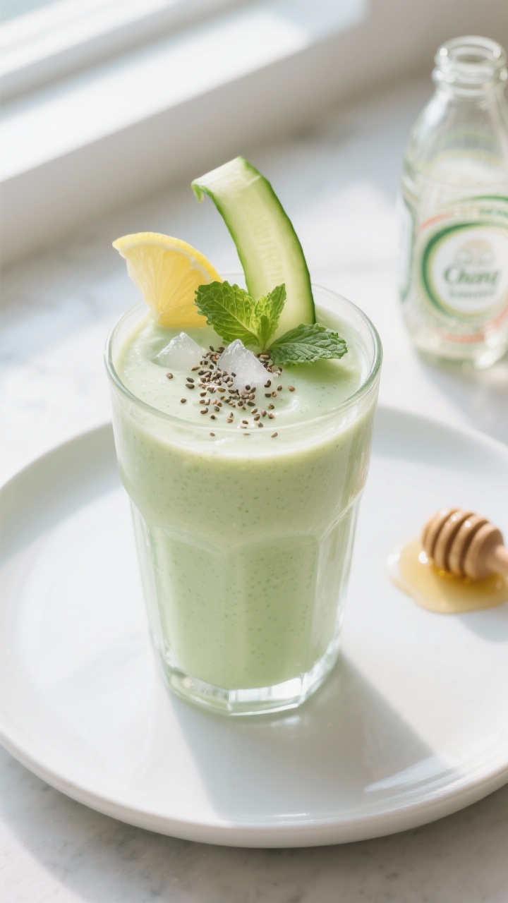 Overhead shot of the Anti-Bloat Protein Smoothie just blended and poured into a clear tall glass, cr