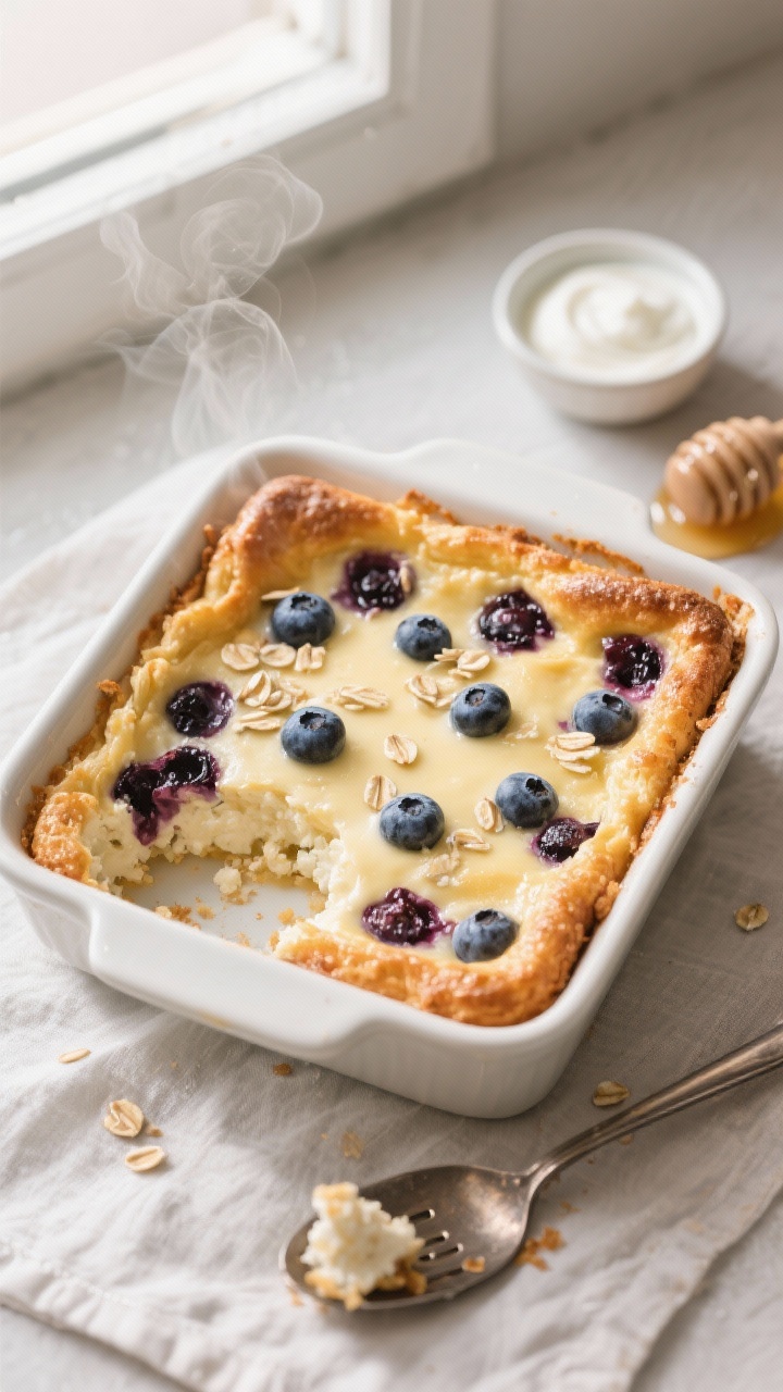 Overhead shot of the freshly baked High-Protein Blueberry Cottage Cheese Breakfast Bake just out of 