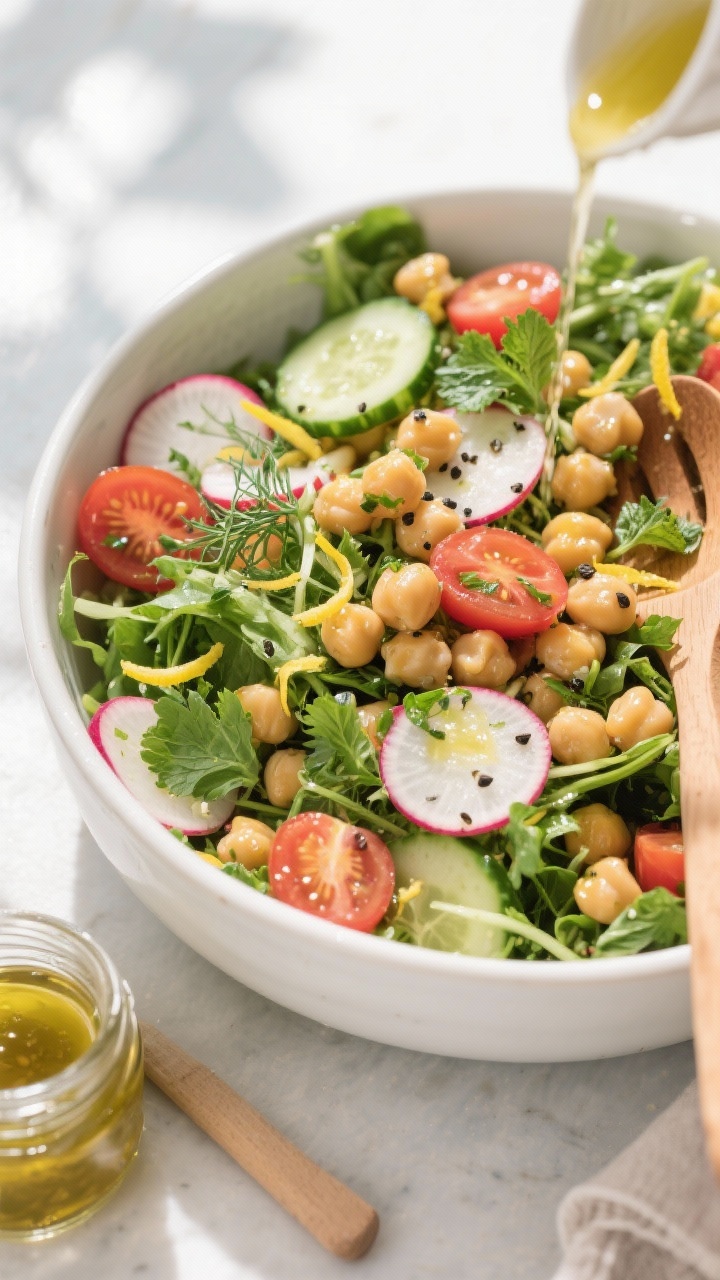 Overhead shot of the prepared Low-Cal Lemon Herb Chickpea Spring Salad mid-toss in a large white cer