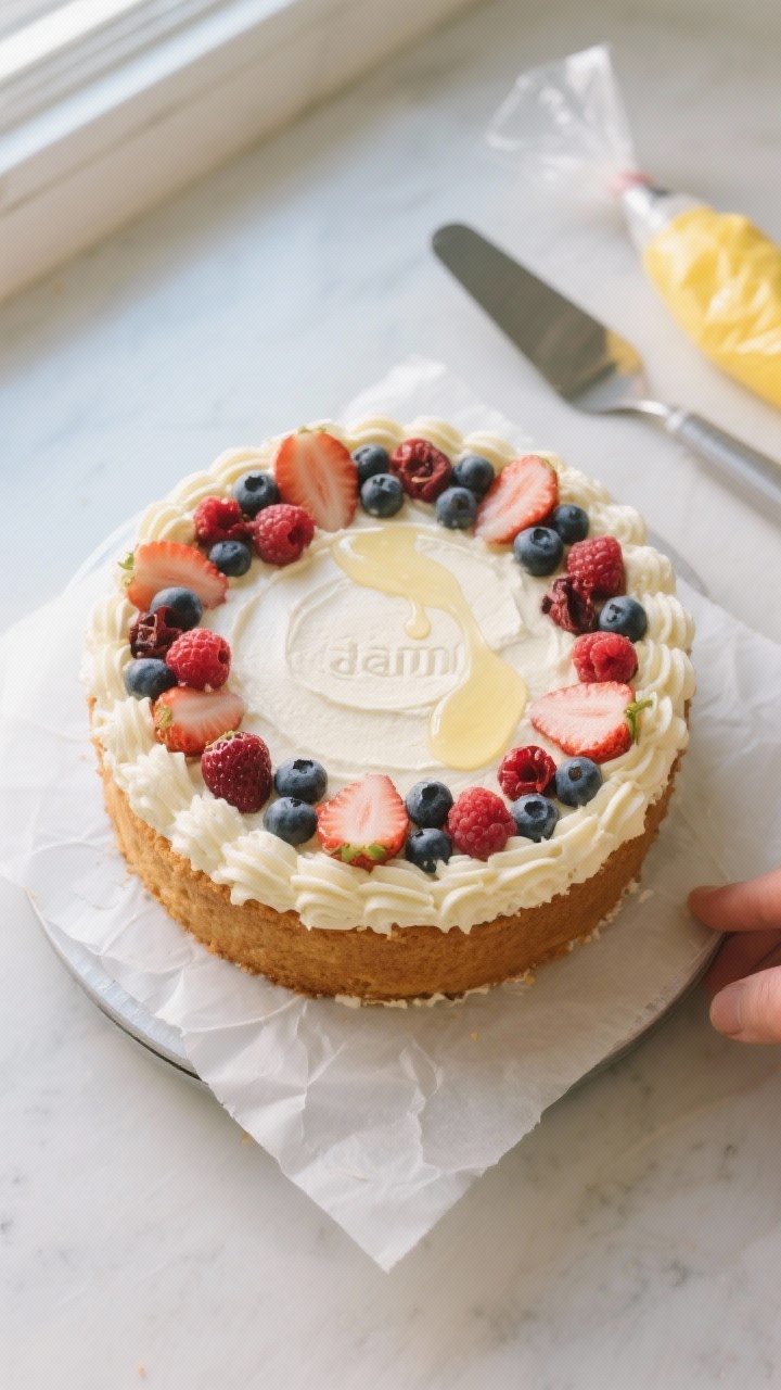 Overhead, tasty top-view process shot: first cake layer on a turntable, fully cooled, lightly brushe