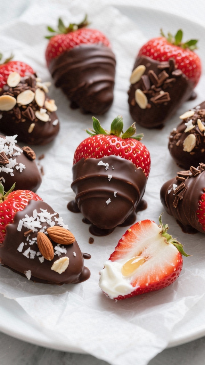 Tasty top-view final presentation: Overhead shot of a platter of finished high-protein chocolate-cov