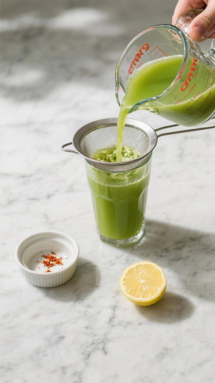 Tasty top view (process focus): Overhead shot of the freshly strained green juice mid-prep, ultra-sm