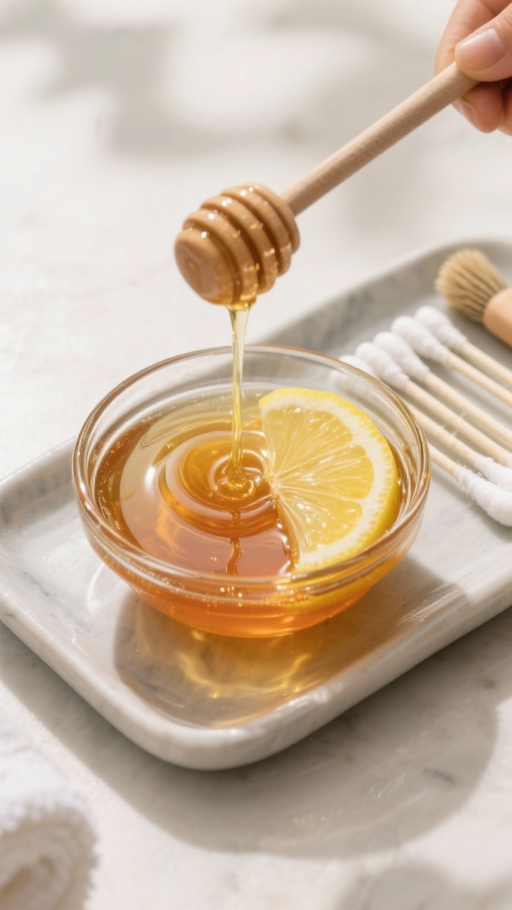 Tasty top view (process-style presentation): Overhead shot of the prepared honey–lemon treatment j