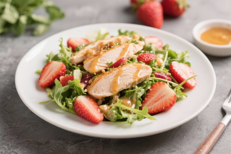 High-Protein Strawberry Chicken Spring Salad with Light Honey Dressing