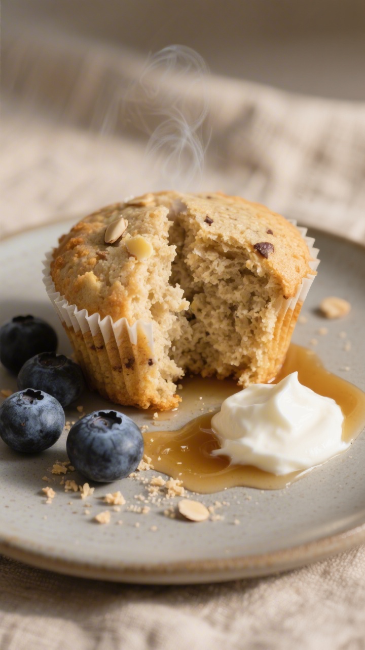 Close-up 3/4 angle of a split almond flour protein muffin on a small matte ceramic plate, interior c