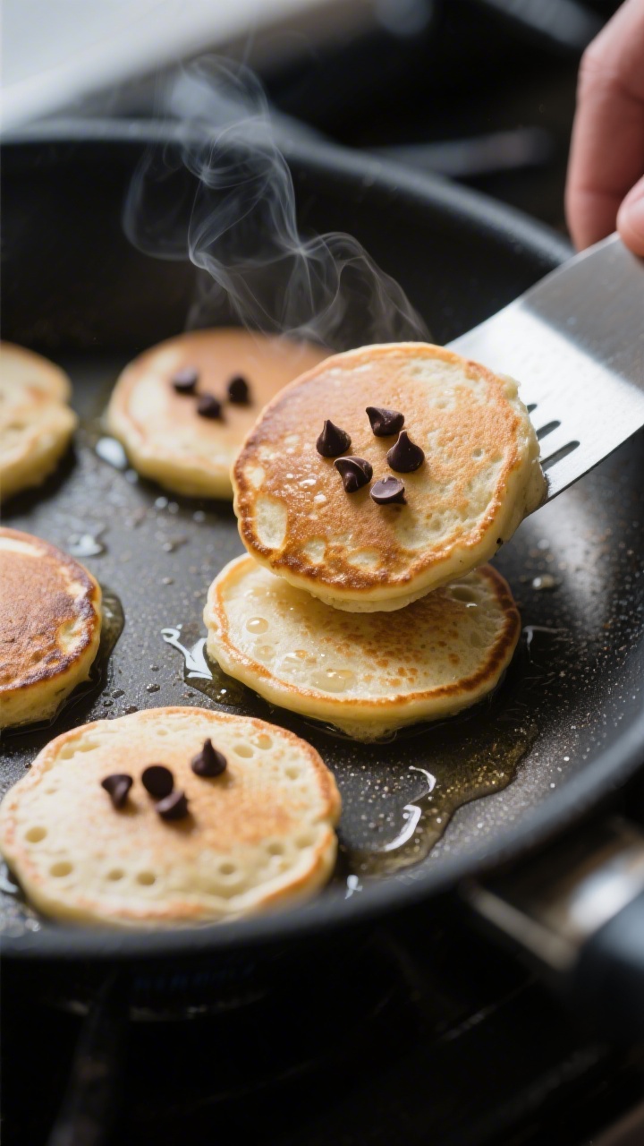Close-up, 45-degree angle cooking process shot of small 1/4-cup pancakes on a nonstick skillet over