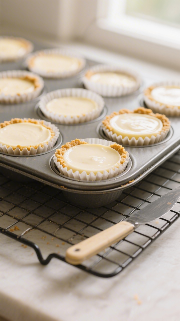 Close-up cooking process: Warm mini cheesecake cups just out of the oven in a 12-cup muffin pan with