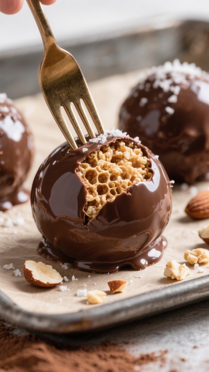 Close-up detail: A glossy, just-dipped gluten free crunchie chocolate ball resting on a parchment-li