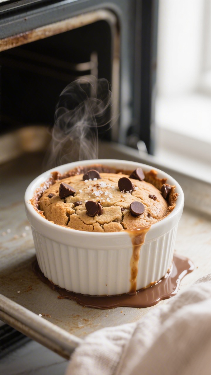 Close-up detail and cooking process: A small oven-safe ramekin (12–16 oz) just pulled from the ove