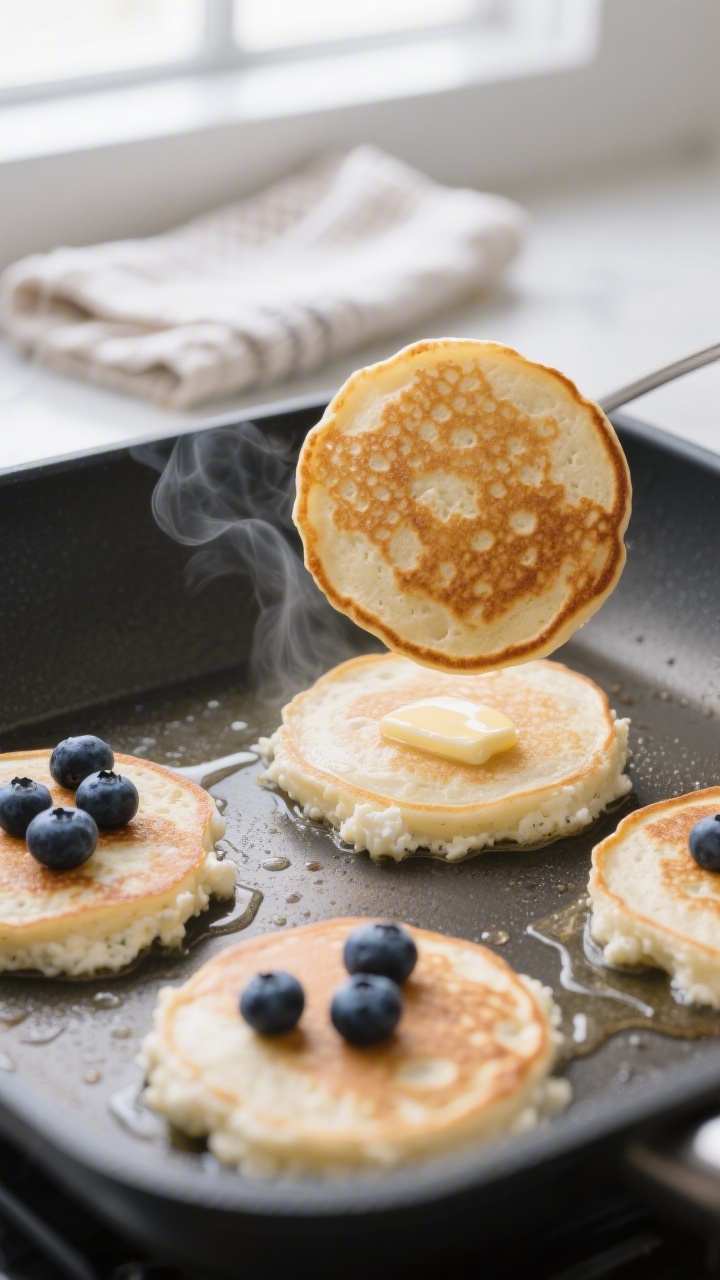 Close-up detail and cooking process: Fluffy cottage cheese pancakes cooking on a preheated nonstick