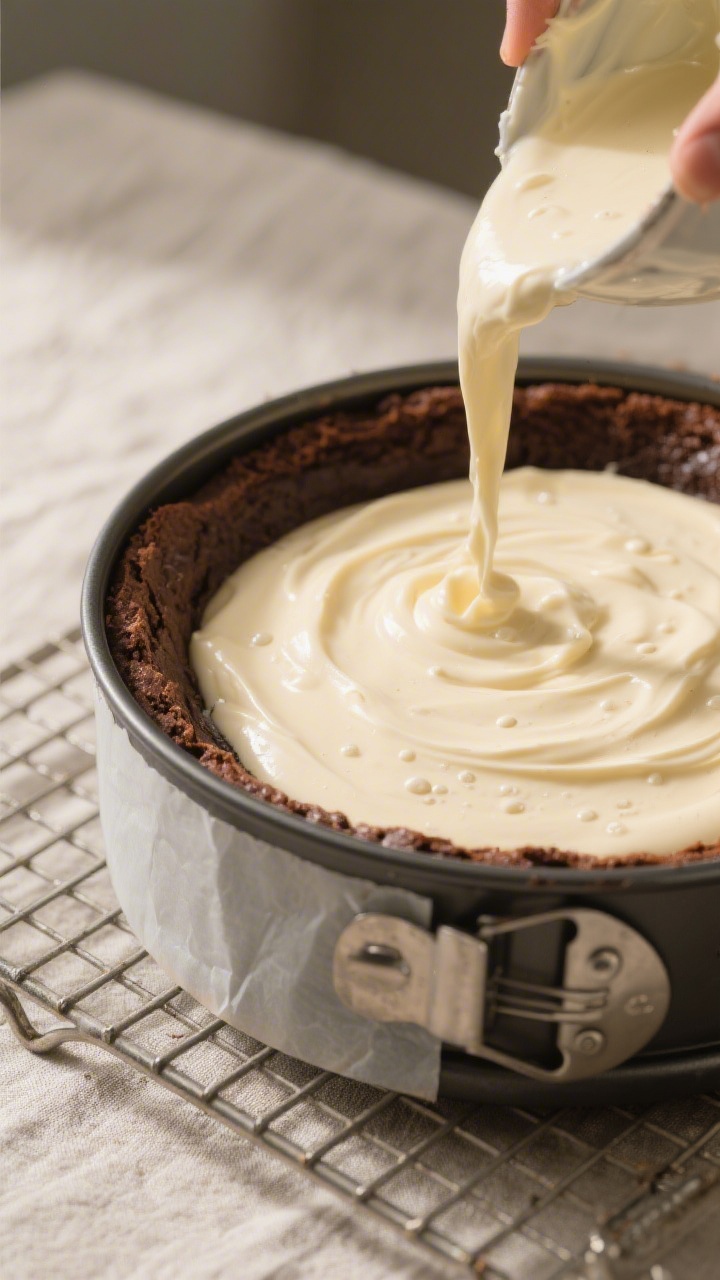 Close-up detail and process: A 9-inch springform pan on a cooling rack with the freshly baked browni