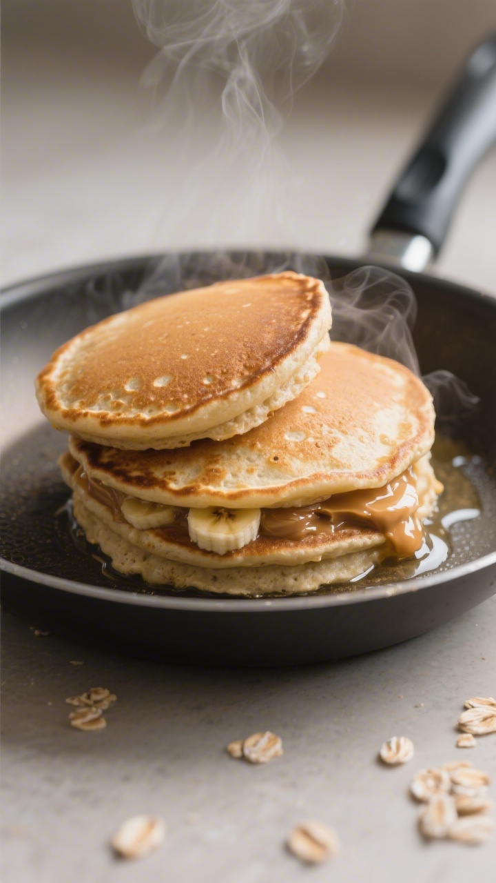 Close-up detail, cooking process: A stack of high-protein pancakes mid-cook on a nonstick skillet ov