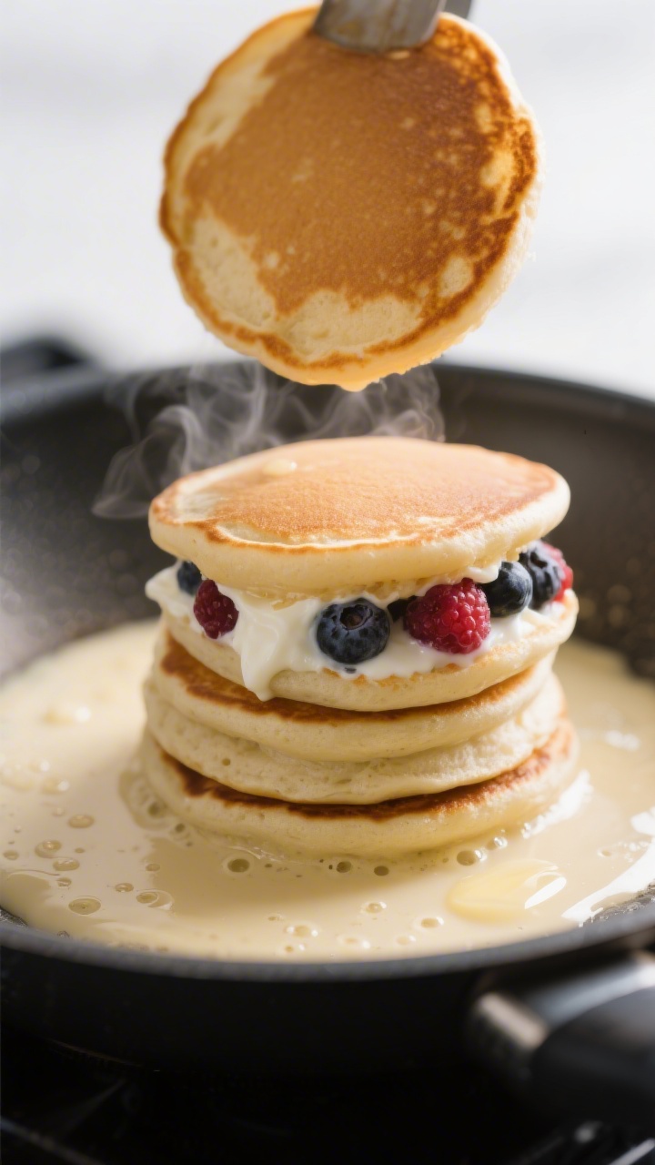 Close-up detail, cooking process: A stack of small, stuffed protein pancakes mid-cook on a nonstick
