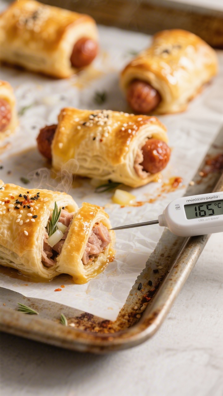 Close-up detail/cooking process: Golden mini protein sausage rolls fresh from the oven on a parchmen