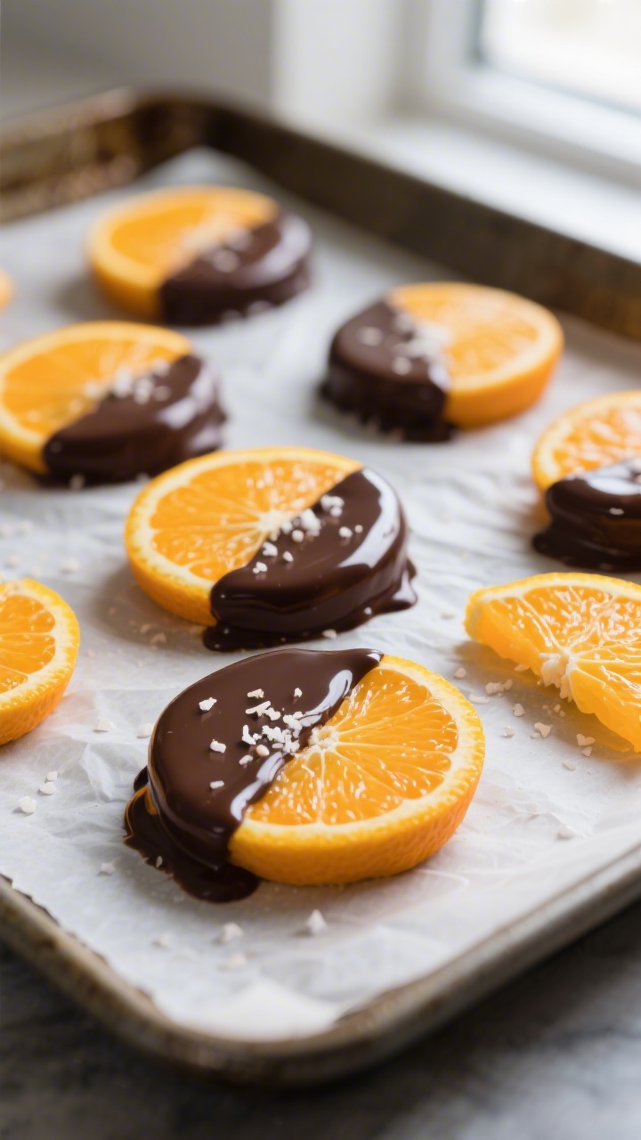 Close-up detail: Half-dipped orange slices setting on a parchment-lined baking sheet, glossy tempere