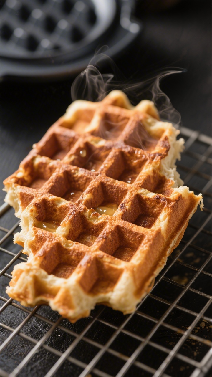 Close-up detail of a freshly cooked Greek yogurt protein waffle just lifted from a waffle iron and s