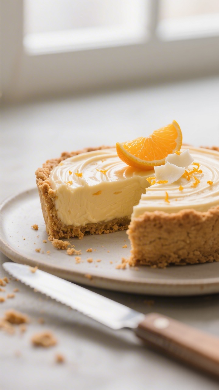 Close-up detail of a freshly sliced No-Bake Orange Cream Pie, silky mousse-like orange filling nestl