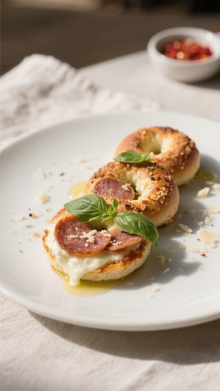 Close-up detail of a plated trio of mini bagel pizza bites on a matte white plate, highlighting the 