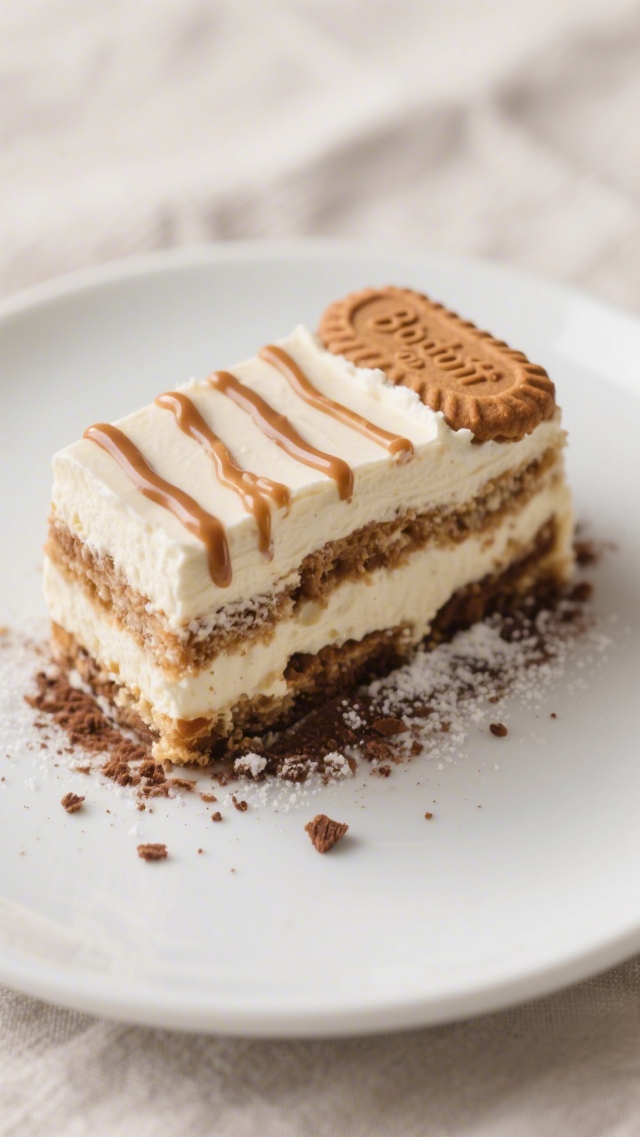 Close-up detail of a single chilled slice of Biscoff tiramisu on a matte white dessert plate, tight 