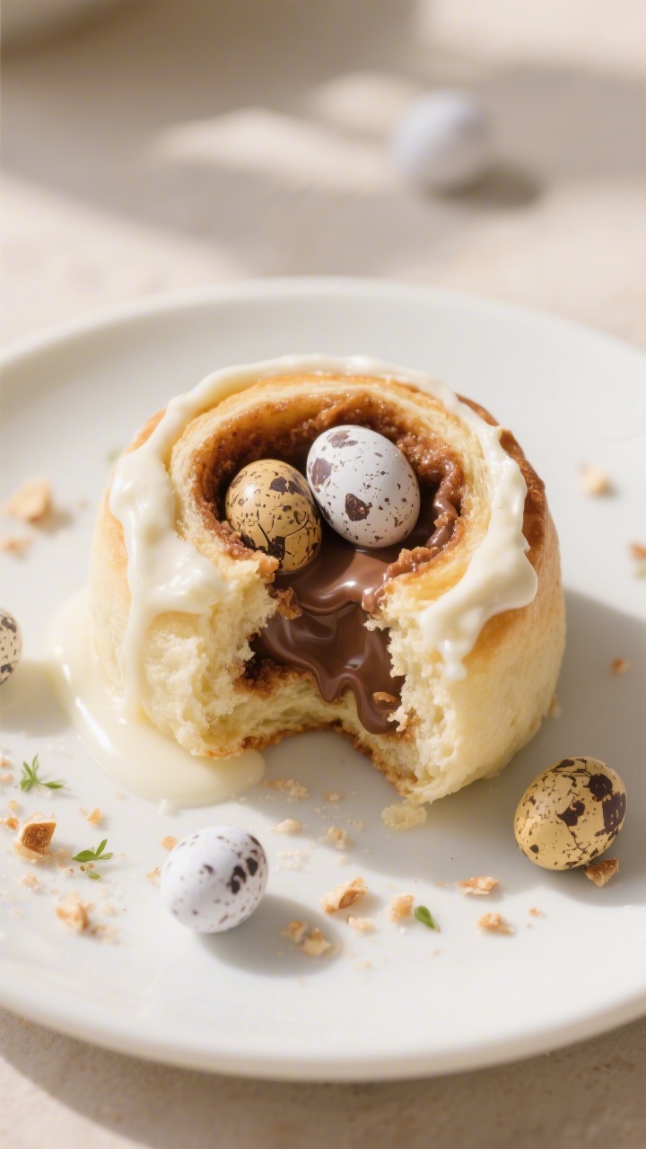 Close-up detail of a single Mini Egg Stuffed Cinnamon Roll pulled apart on a small white plate, show