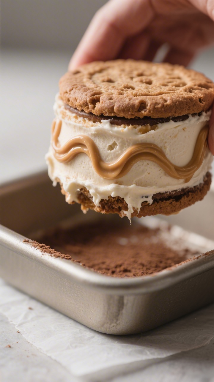 Close-up detail of a single protein ice cream sandwich being lifted from an 8x8 pan, revealing the s