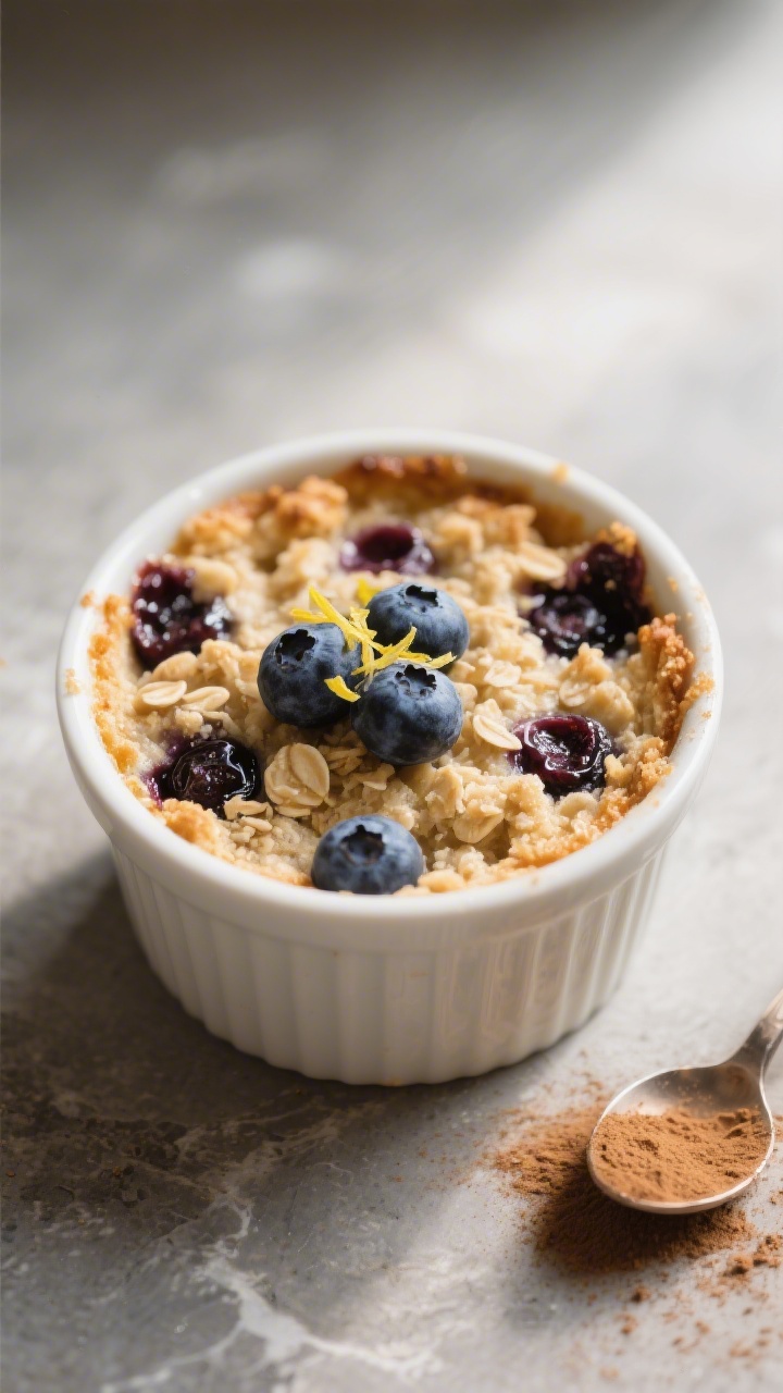 Close-up detail of a single serving of protein baked oats in a ramekin, just out of the oven, showin