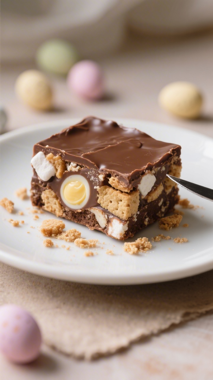 Close-up detail of a single sliced square of Easter Rocky Road on a small matte white plate, sharp w