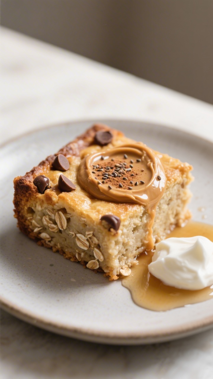 Close-up detail of a single square of the breakfast bake on a small matte ceramic plate, texture-for