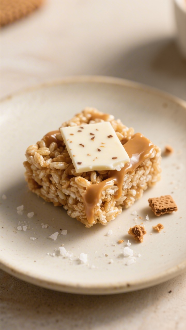 Close-up detail of a single square on a small off-white ceramic plate, showing tight, crispy rice cl