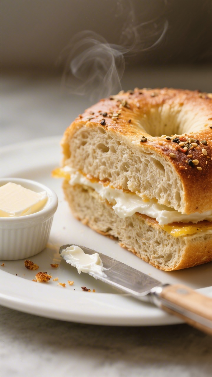 Close-up detail of a sliced and toasted gluten-free bagel used for a breakfast sandwich: tight macro