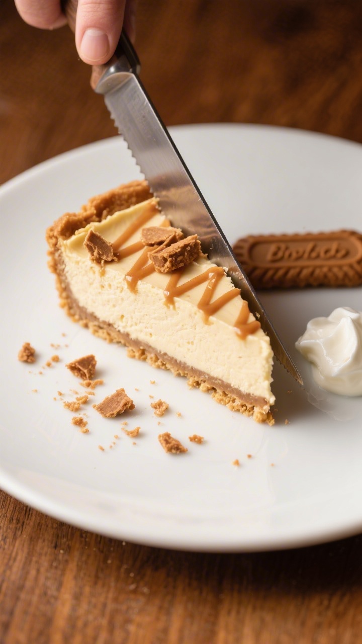 Close-up detail of a sliced wedge being plated: ultra-clean slice with sharp edges from a hot knife,