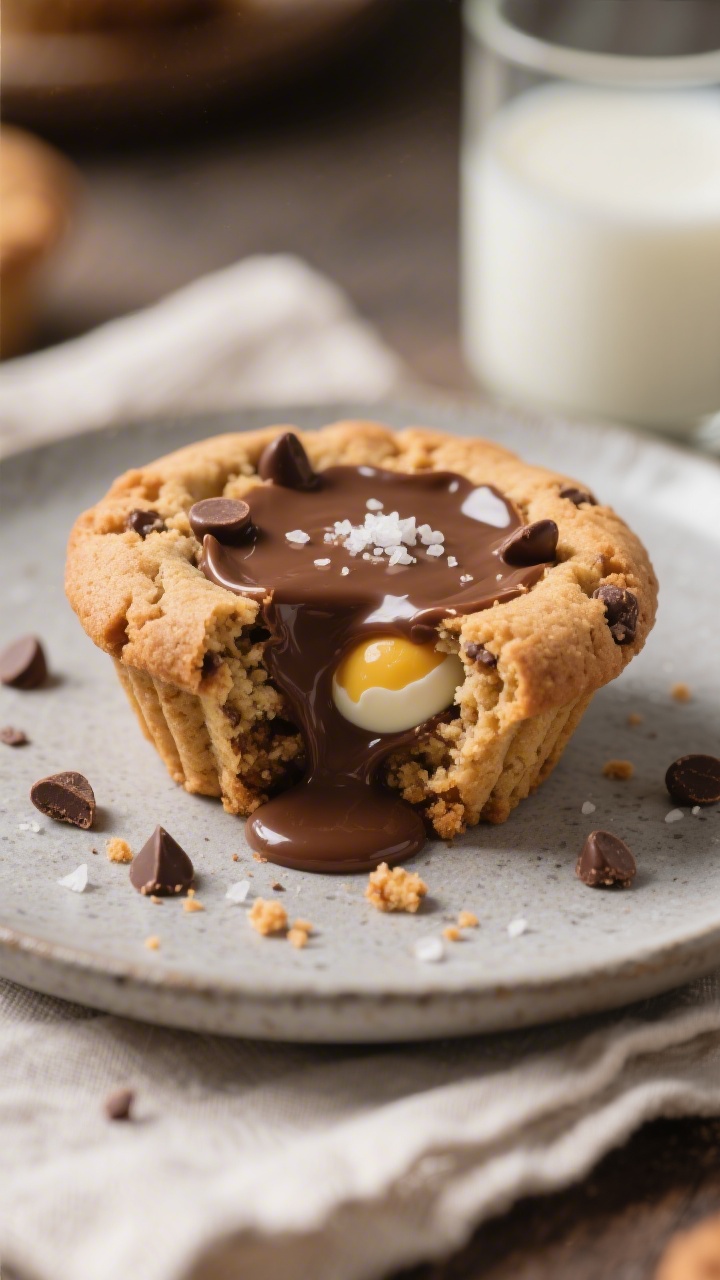 Close-up detail of a warm Creme Egg Stuffed Cookie Cup split open on a matte stone plate, molten cho