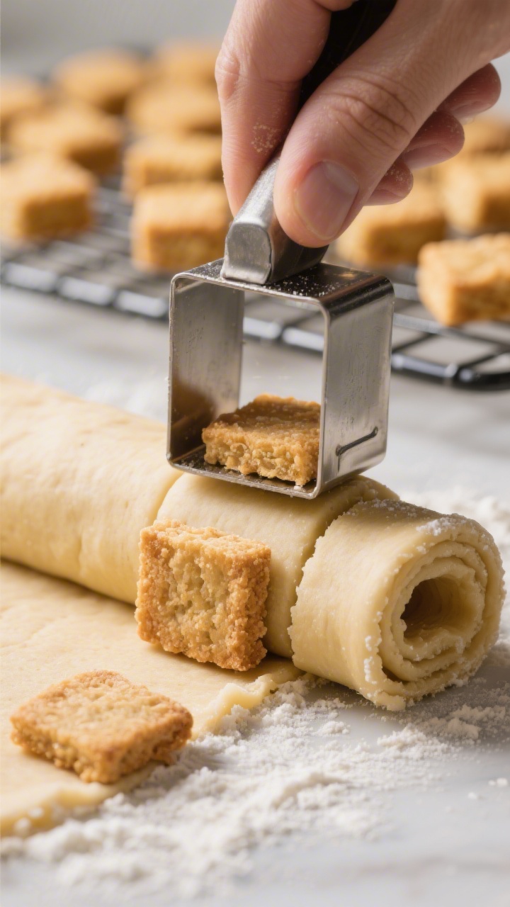 Close-up detail of bite-size training treats being cut from a rolled 1/4-inch sheet of baked-and-coo