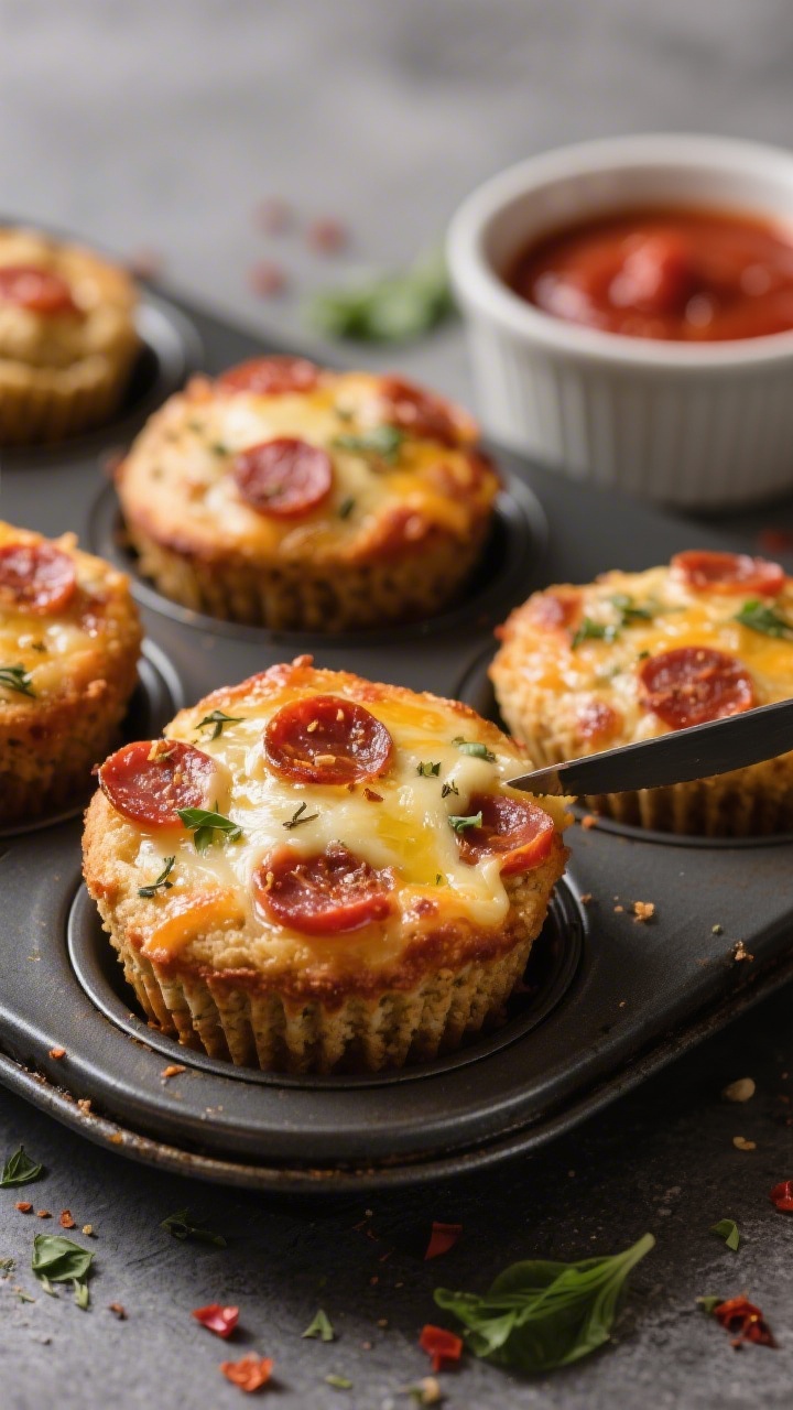 Close-up detail of freshly baked mini gluten-free pizza muffins just out of the mini muffin pan, gol