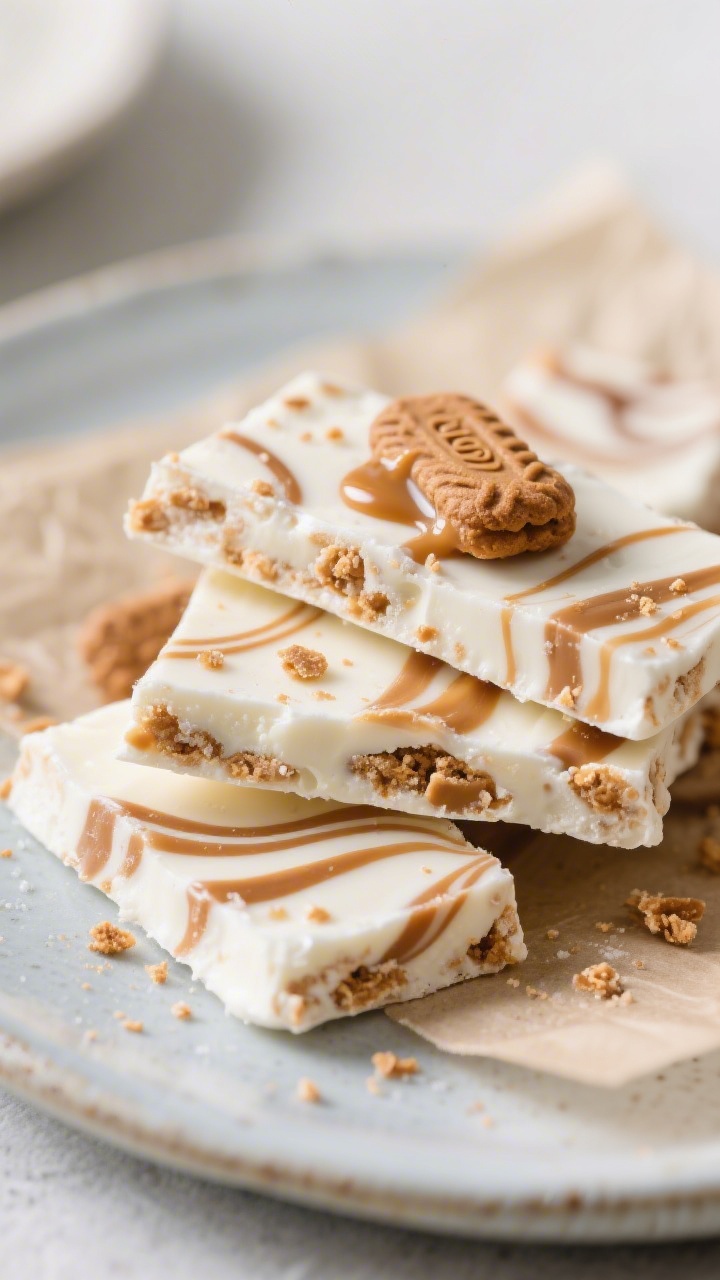 Close-up detail of frozen Biscoff yogurt bark pieces served for snacking: neatly cut shards with cle