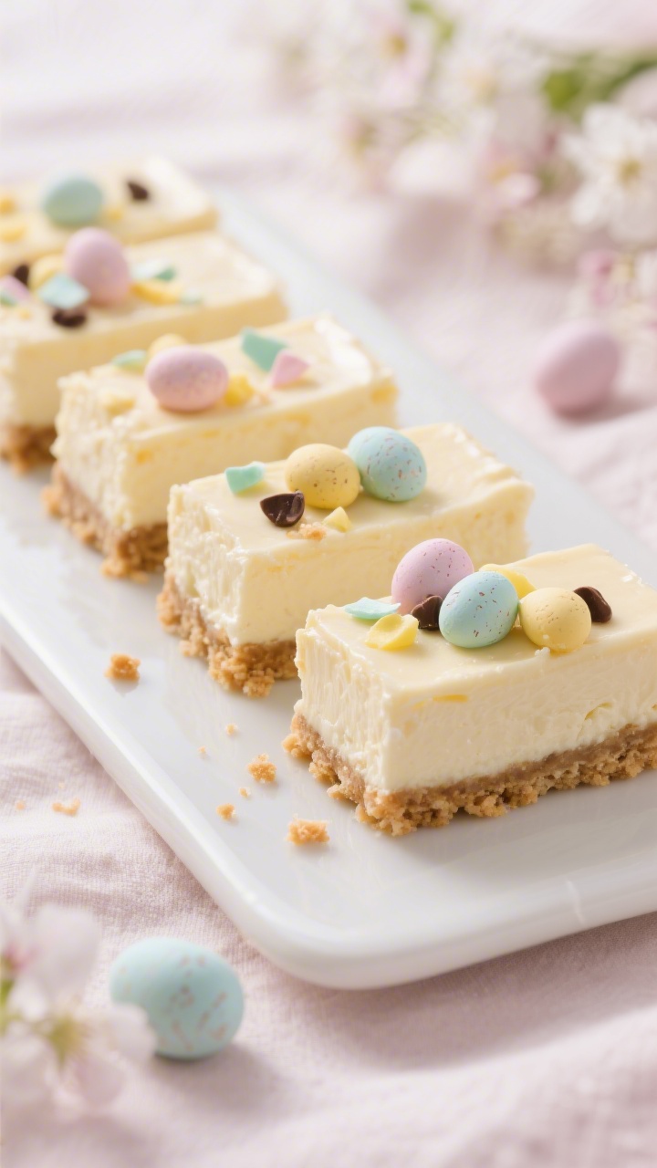 Close-up detail of sliced Mini Egg Cheesecake Bars on a matte white rectangular platter, razor-clean