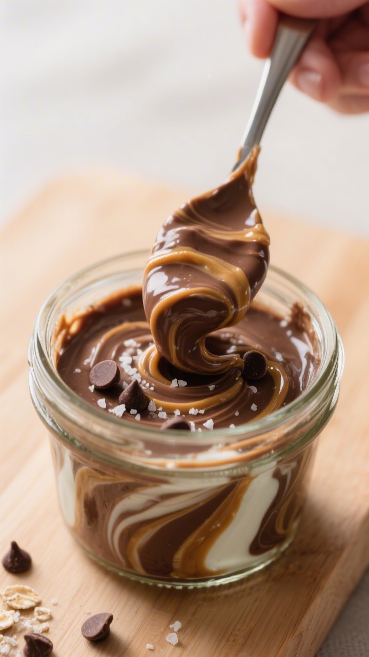 Close-up detail of the “caramel swirl” step: thick, spoonable chocolate-protein oat mixture in a