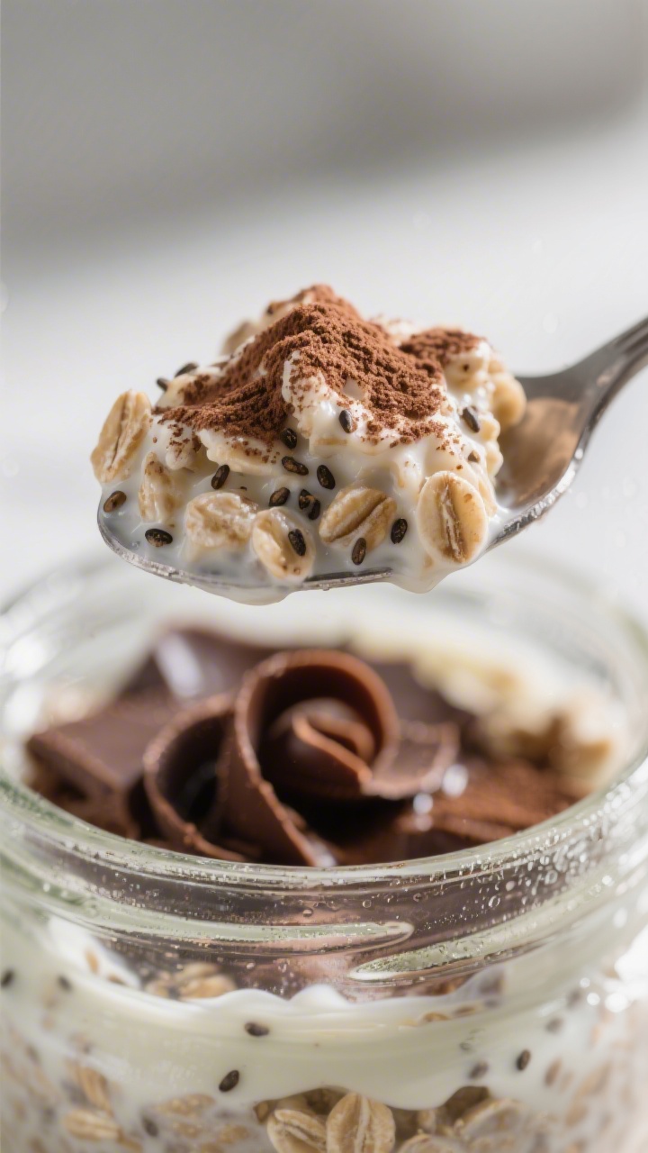 Close-up detail of the final spoon-in moment: a heaped spoonful lifted from a chilled jar of tiramis
