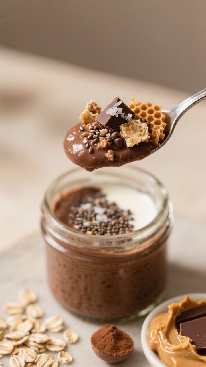 Close-up detail of the final spoonful lifted above the jar, showcasing velvety chocolate oats and th