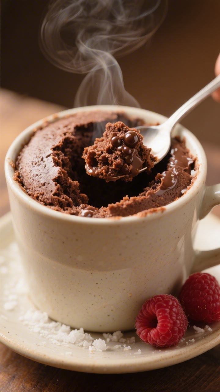 Close-up detail of the mug cake’s interior as a spoon scoops out a bite, revealing a tender, fudge
