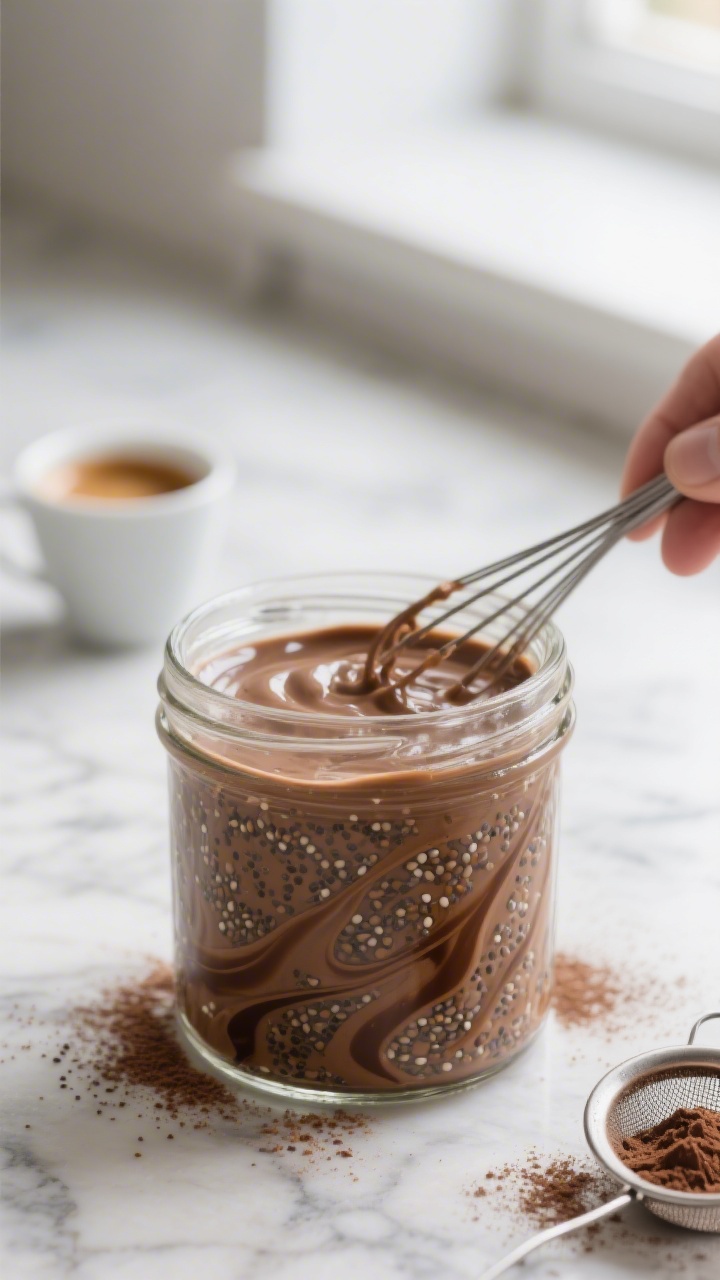 Close-up detail/process shot: A clear glass jar on a marble counter showing the tiramisu chia base j